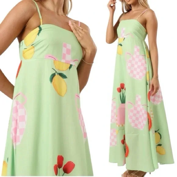 NWT Petal and Pup Women's Brea Green Fruit and Floral Print Maxi Dress Size XL - Picture 3 of 16